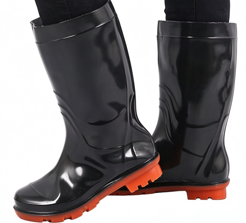 glossy-black-pvc-breathable-work-rain-boots-with-orange-non‑slip-tread-sole